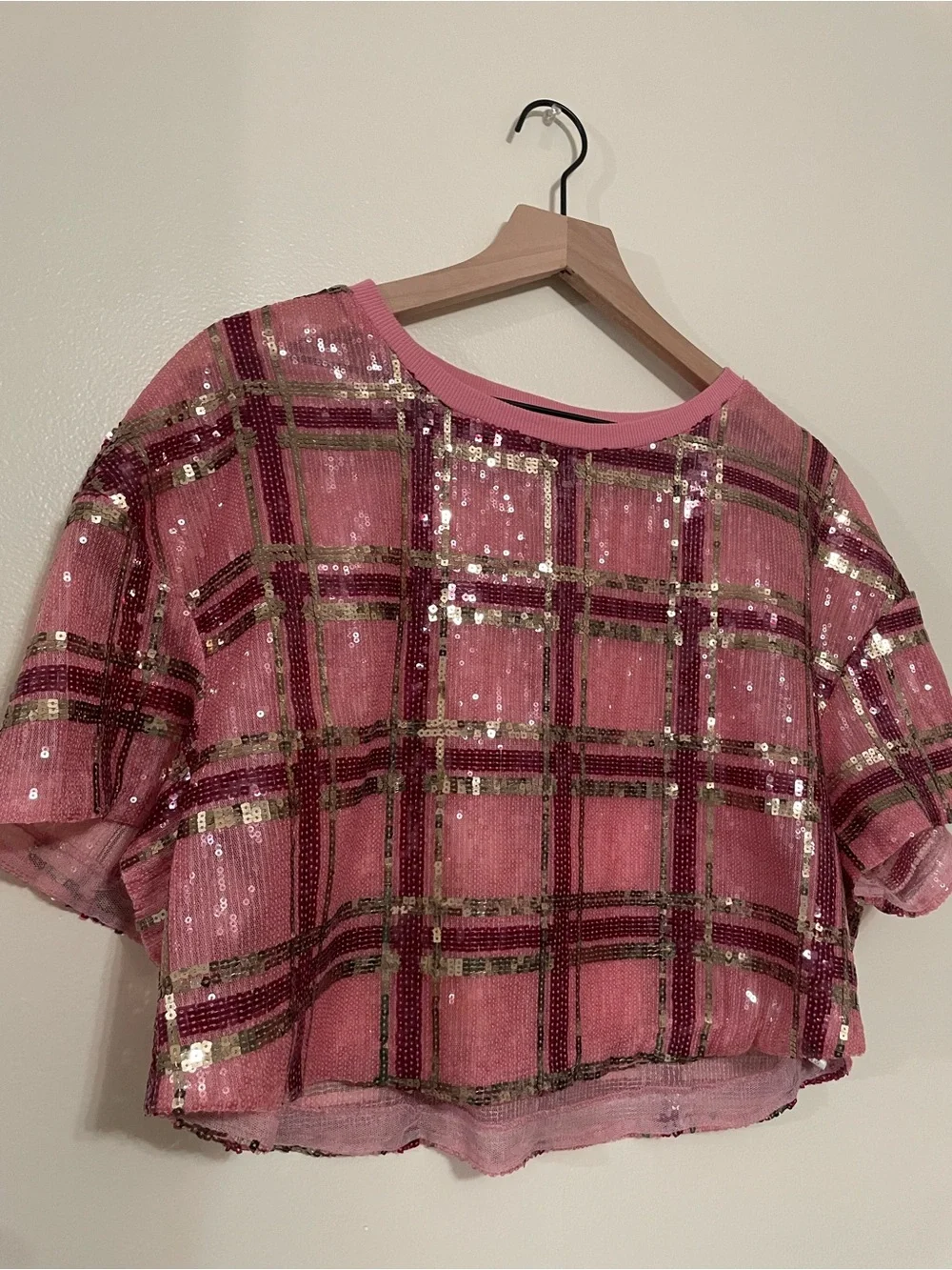 Free People Pink Plaid Sequin Cropped Top